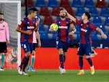 Levante's Jose Luis Morales celebrates scoring their first goal against Barcelona in La Liga on May 11, 2021