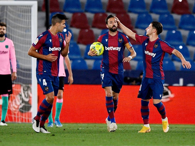 Levante's Jose Luis Morales celebrates scoring their first goal against Barcelona in La Liga on May 11, 2021
