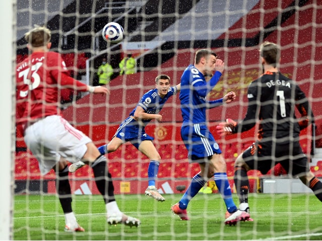 Leicester City's Luke Thomas scores their first goal against Manchester United in the Premier League on May 11, 2021