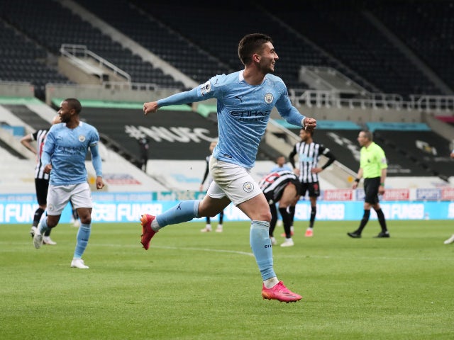 Manchester City's Ferran Torres celebrates scoring their fourth goal against Newcastle United in the Premier League on May 14, 2021