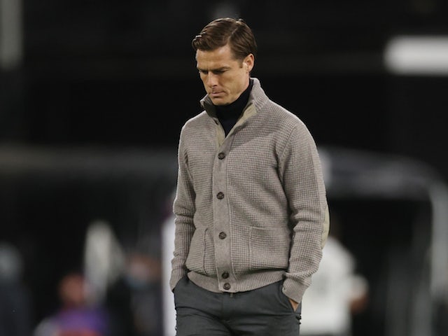Fulham manager Scott Parker looks dejected after being relegated from the Premier League on May 10, 2021