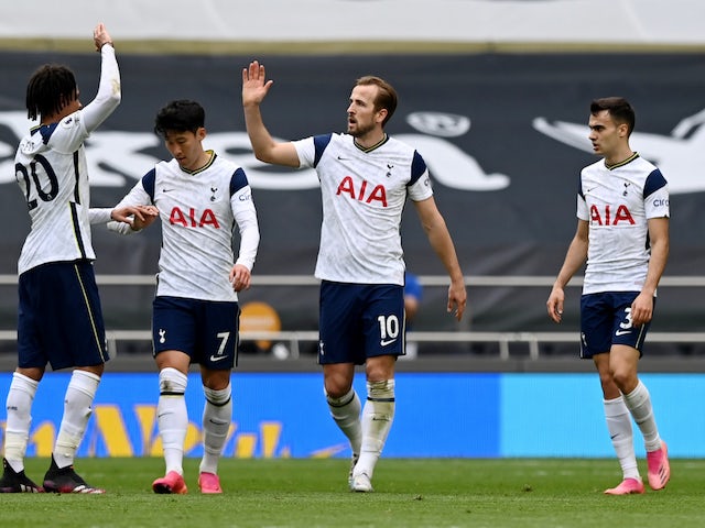 Tottenham Hotspur's Harry Kane celebrates scoring against Wolverhampton Wanderers in the Premier League on May 16, 2021