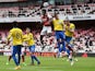 Arsenal's Thomas Partey in action with Brighton & Hove Albion's Ben White in the Premier League on May 23, 2021