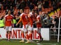 Blackpool's Eliot Embleton celebrates scoring their first goal against Oxford United in the League One playoffs on May 21, 2021