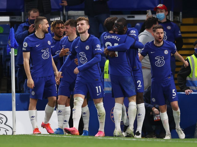 Antonio Rudiger celebrates scoring for Chelsea against Leicester City in the Premier League on May 18, 2021