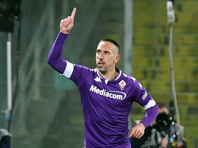 Fiorentina's Franck Ribery celebrates scoring their second goal on March 21, 2021