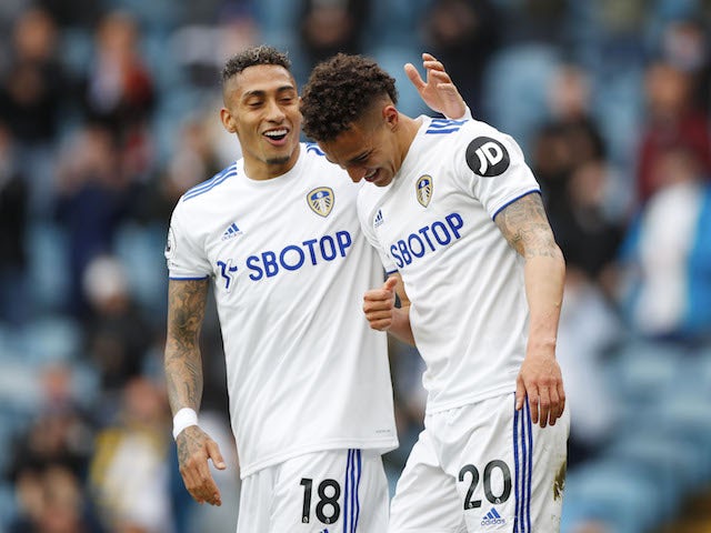 Leeds United's Rodrigo celebrates scoring against West Bromwich Albion in the Premier League on May 23, 2021