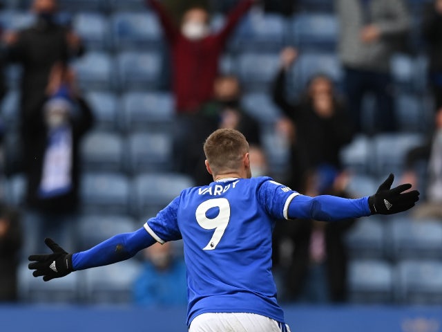 Leicester City's Jamie Vardy celebrates scoring their first goal against Tottenham Hotspur in the Premier League on May 23, 2021