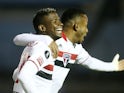 Sao Paulo's Luis Orejuela celebrates scoring their first goal with teammates on May 12, 2021