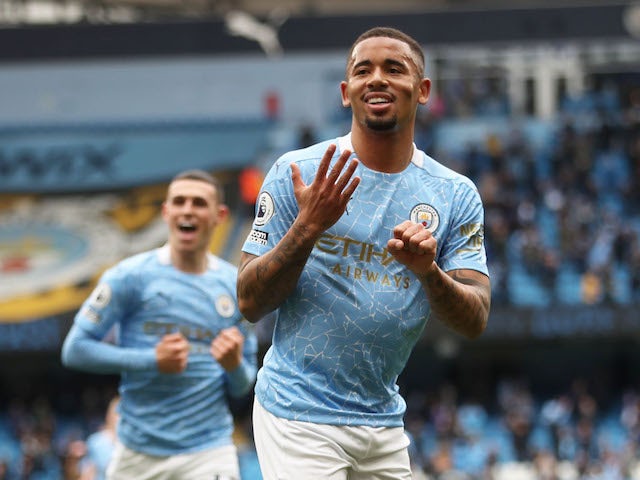 Manchester City's Gabriel Jesus celebrates scoring against Everton in the Premier League on May 23, 2021