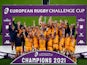 Montpellier celebrate beating Leicester Tigers in the European Rugby Challenge Cup on May 21, 2021
