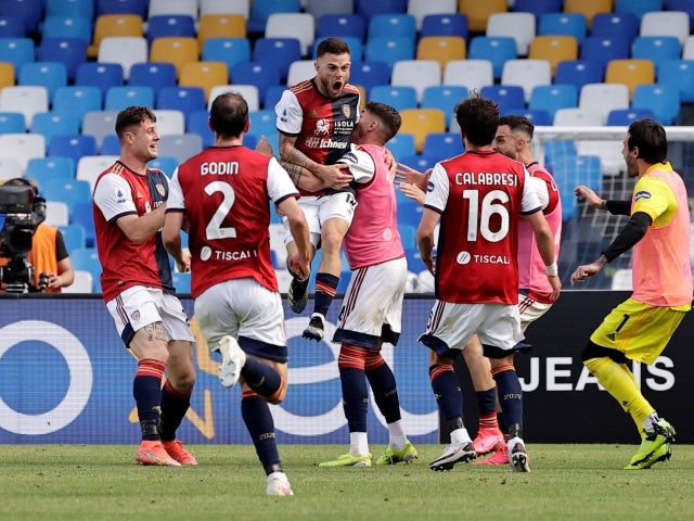 Cagliari's Nahitan Nandez celebrates scoring their first goal with teammates on May 2, 2021
