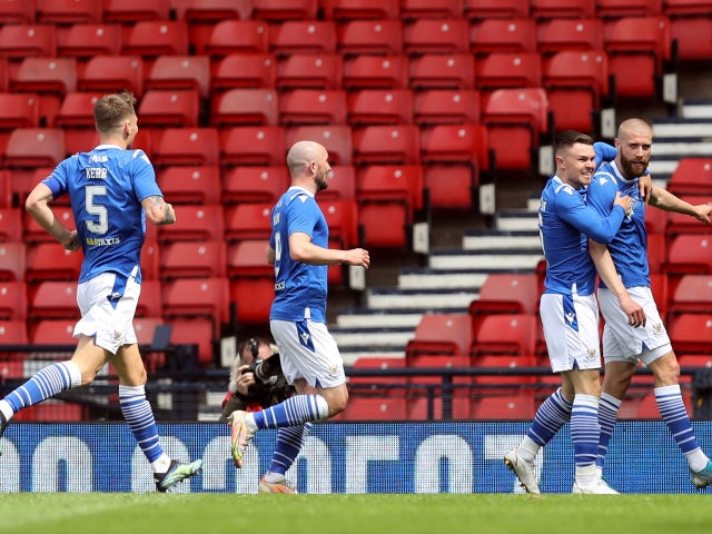 St Johnstone's Shaun Rooney celebrates scoring their first goal against Hibernian in the Scottish Cup final on May 22, 2021