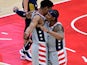 Washington Wizards forward Rui Hachimura and guard Bradley Beal celebrate after a play during the third quarter against the Indiana Pacers on May 21, 2021 