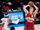 Denver Nuggets center Nikola Jokic attempts a shot against the Portland Trail Blazers on May 25, 2021