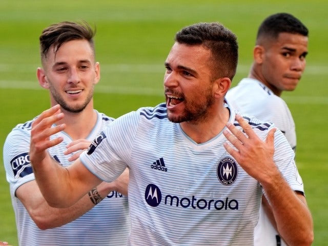Chicago Fire midfielder Luka Stojanovic reacts after scoring a goal against Inter Miami on May 22, 2021