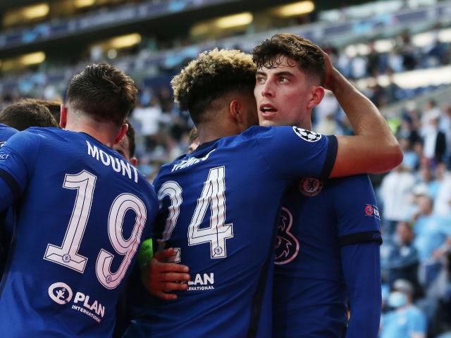 Chelsea's Kai Havertz celebrates scoring their first goal against Manchester City in the Champions League final on May 29, 2021