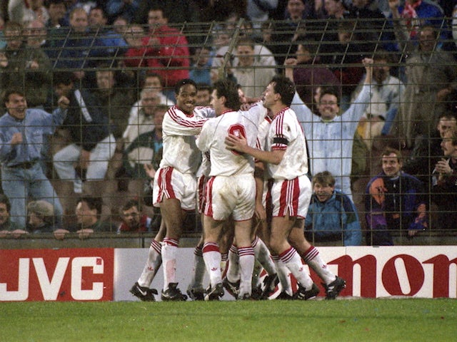 Manchester United players celebrate scoring in the 1991 Cup Winners' Cup final