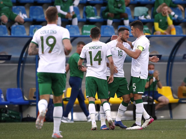 Republic of Ireland's Troy Parrott celebrates scoring against Andorra in a friendly on June 3, 2021