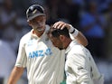 New Zealand's Tim Southee congratulates Devon Conway during the clash with England on June 3, 2021