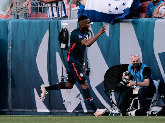 United States forward Jordan Siebatcheu Pefok (16) celebrates after his goal in the second half against Honduras during the semifinals of the 2021 CONCACAF Nations League soccer series at Empower Field at Mile High on June 4, 2021
