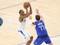 LA Clippers forward Kawhi Leonard shoots over Dallas Mavericks guard Luka Doncic on June 5, 2021