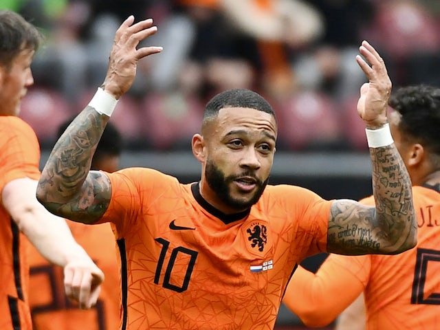 Memphis Depay celebrates scoring for Netherlands on June 6, 2021