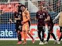 Mexico goalkeeper Guillermo Ochoa (13) celebrates with forward Hirving Lozano (22) and defender Luis Rodriguez (21) and forward Alan Pulido (11) after defeating Costa Rica on penalty kicks during the semifinals of the 2021 CONCACAF Nations League soccer s