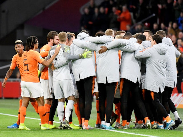 Netherlands' Georginio Wijnaldum scores their first goal with teammates en route to qualification for Euro 2020