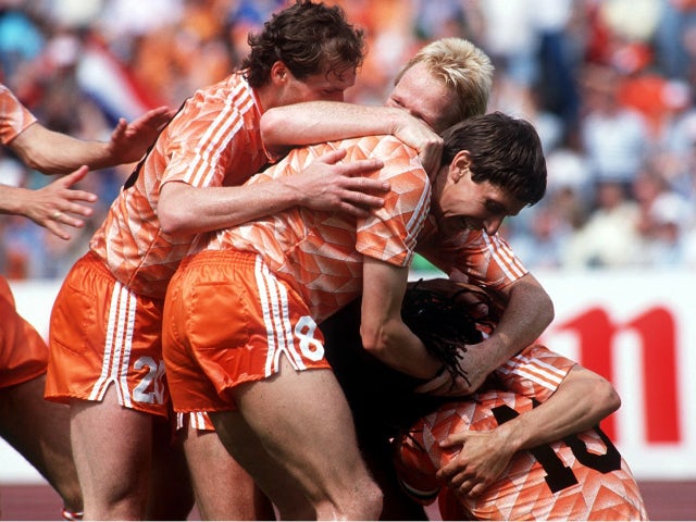 The Netherlands celebrate scoring in the Euro 1988 final against the Soviet Union on June 25, 1988