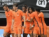 Netherlands' Ryan Gravenberch celebrates scoring their third goal with teammates on June 6, 2021