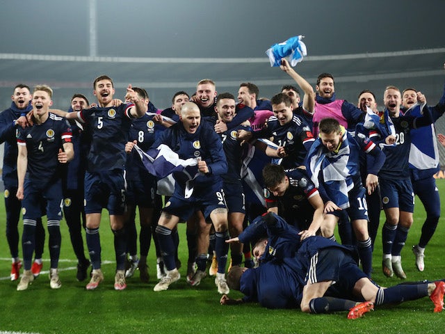 Scotland players celebrate qualifying for Euro 2020 in November 2019