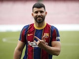Barcelona's new signing Sergio Aguero poses during his presentation on May 31, 2021