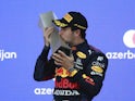Red Bull's Sergio Perez celebrates winning the Azerbaijan Grand Prix on June 6, 2021