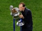 Chelsea manager Thomas Tuchel celebrates with the Champions League trophy on May 29, 2021