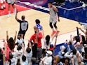 Washington Wizards forward Rui Hachimura reacts after making a three point shot in the second half against the Philadelphia 76ers on June 1, 2021