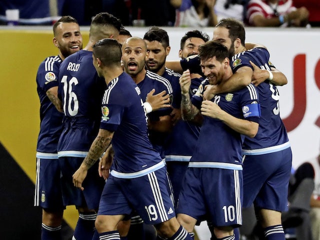 rgentina midfielder Lionel Messi (10) celebrates with teammates after scoring during the first half against the United States in the semifinals of the 2016 Copa America Centenario soccer tournament at NRG Stadium