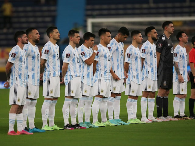 Argentina line up during the national anthems before the match on June 8, 2021