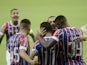 Bahia's Rossi celebrates scoring their first goal with teammates on February 13, 2021