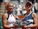 Barbora Krejcikova and Katerina Siniakova celebrate winning the French Open women's doubles final on June 13, 2021