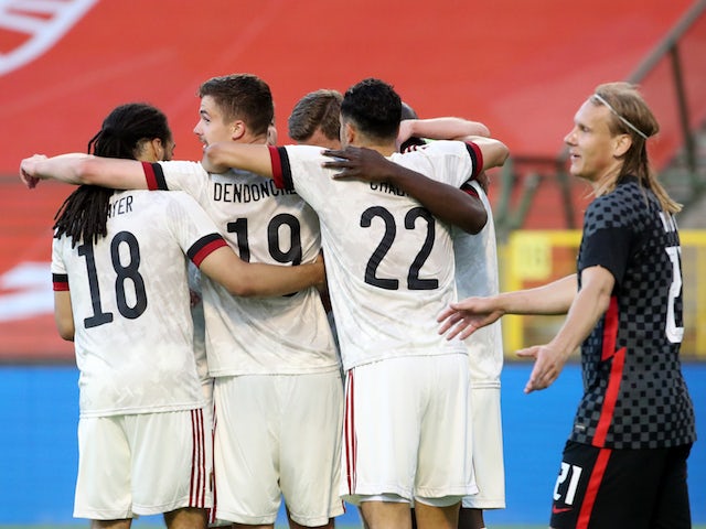 Belgium's Romelu Lukaku celebrates scoring their first goal with teammates on June 6, 2021