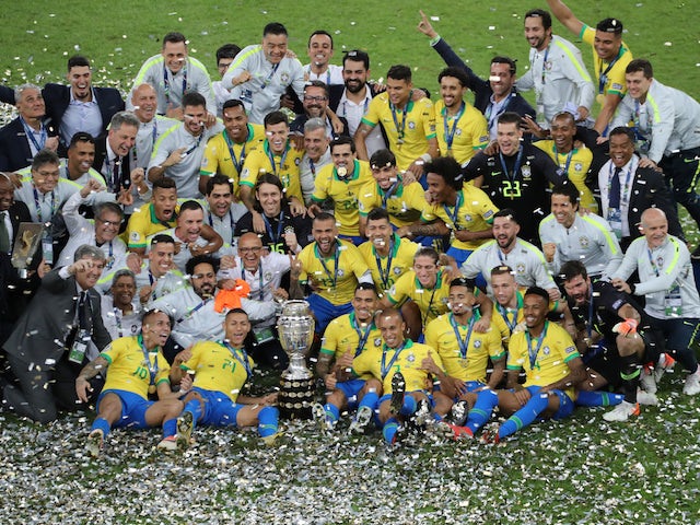 Brazil players celebrate winning the 2019 Copa America