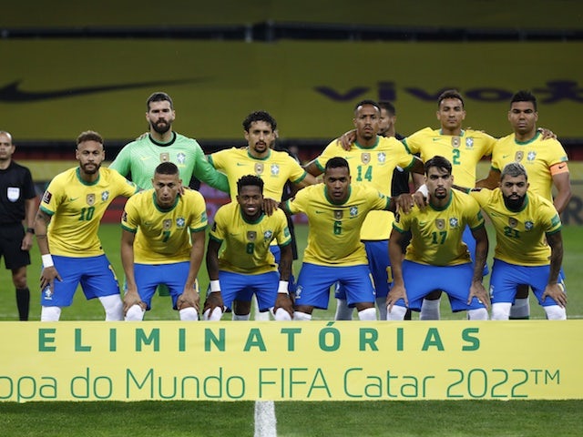 Brazil players pose for a photo on June 5, 2021