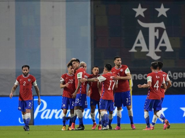 Chile's Alexis Sanchez celebrates scoring their first goal with teammates on June 3, 2021