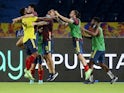 Colombia's Miguel Borja celebrates scoring their second goal with teammates on June 8, 2021