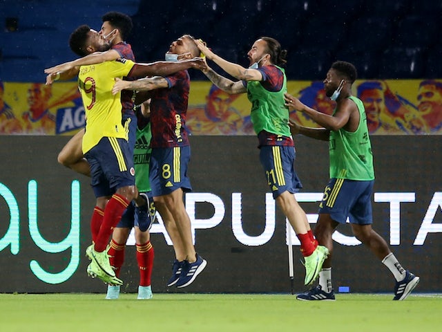 Colombia's Miguel Borja celebrates scoring their second goal with teammates on June 8, 2021