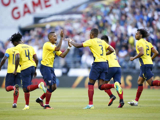 Ecuador midfielder Michael Arroyo (11) celebrates his goal with defender Frickson Erazo (3) during the second half of quarter-final play against United States in the 2016 Copa America Centenario soccer tournament at Century Link Field in 2016