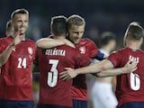 Czech Republic's Ondrej Celustka celebrates scoring their third goal with Tomas Soucek on June 8, 2021