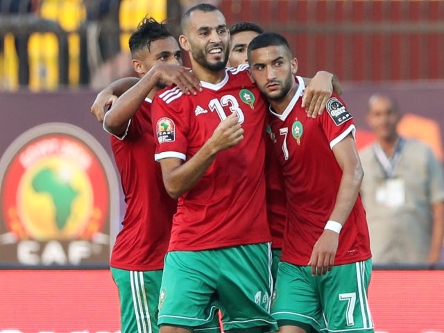 Morocco's Khalid Boutaib and Hakim Ziyech and team mates celebrate pictured on June 23, 2019