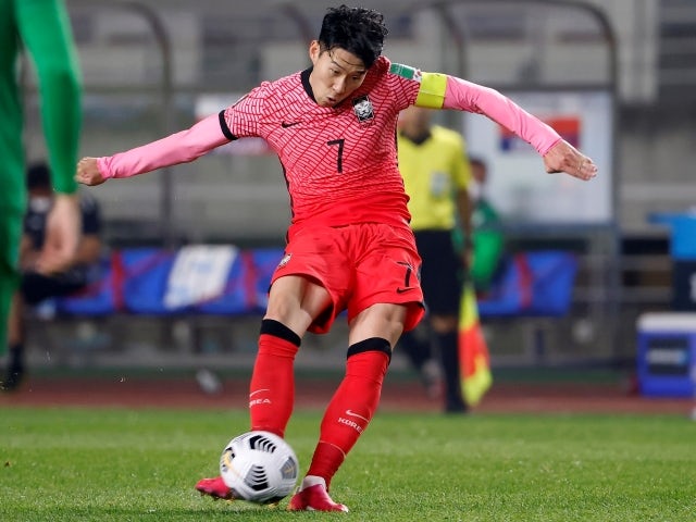 South Korea's Heung-Min Son shoots at goal on June 5, 2021